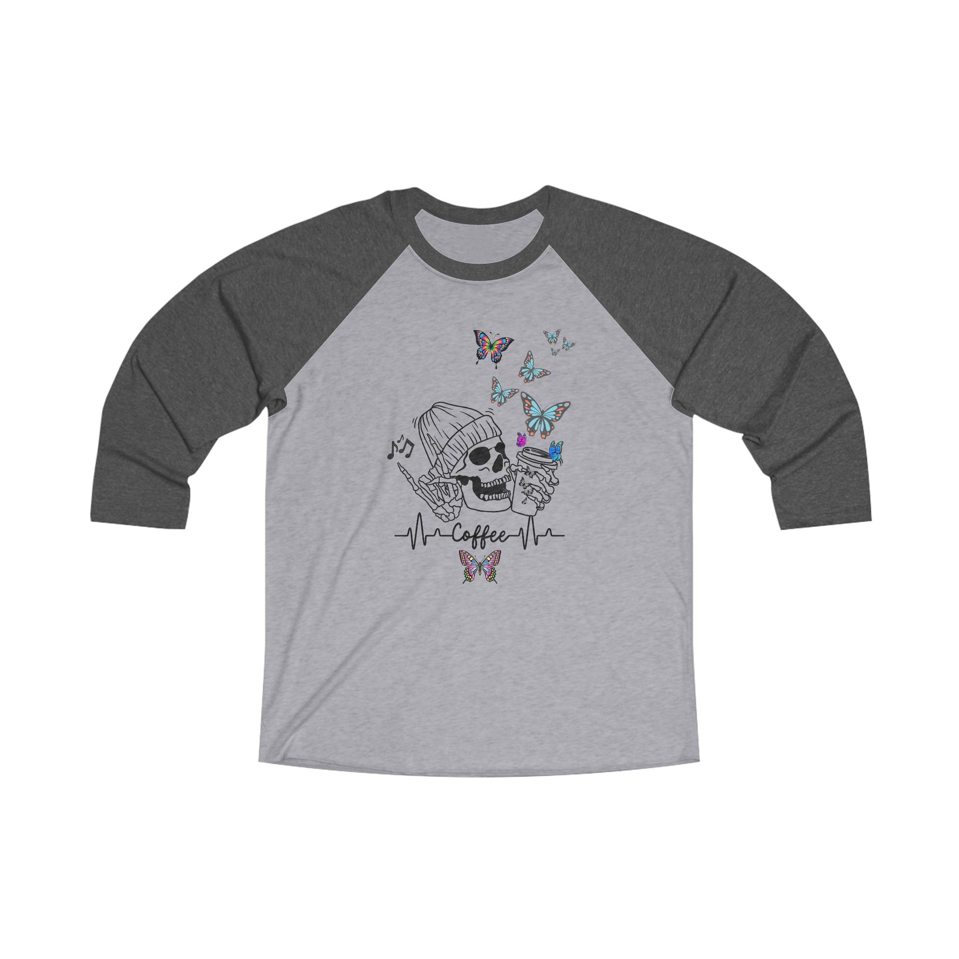 'Coffee with happy skeleton and butterflies' Unisex Tri-Blend 3\4 Raglan Tee