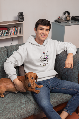 'Happy Skeleton drinking coffee with butterflies' Unisex College Hoodie