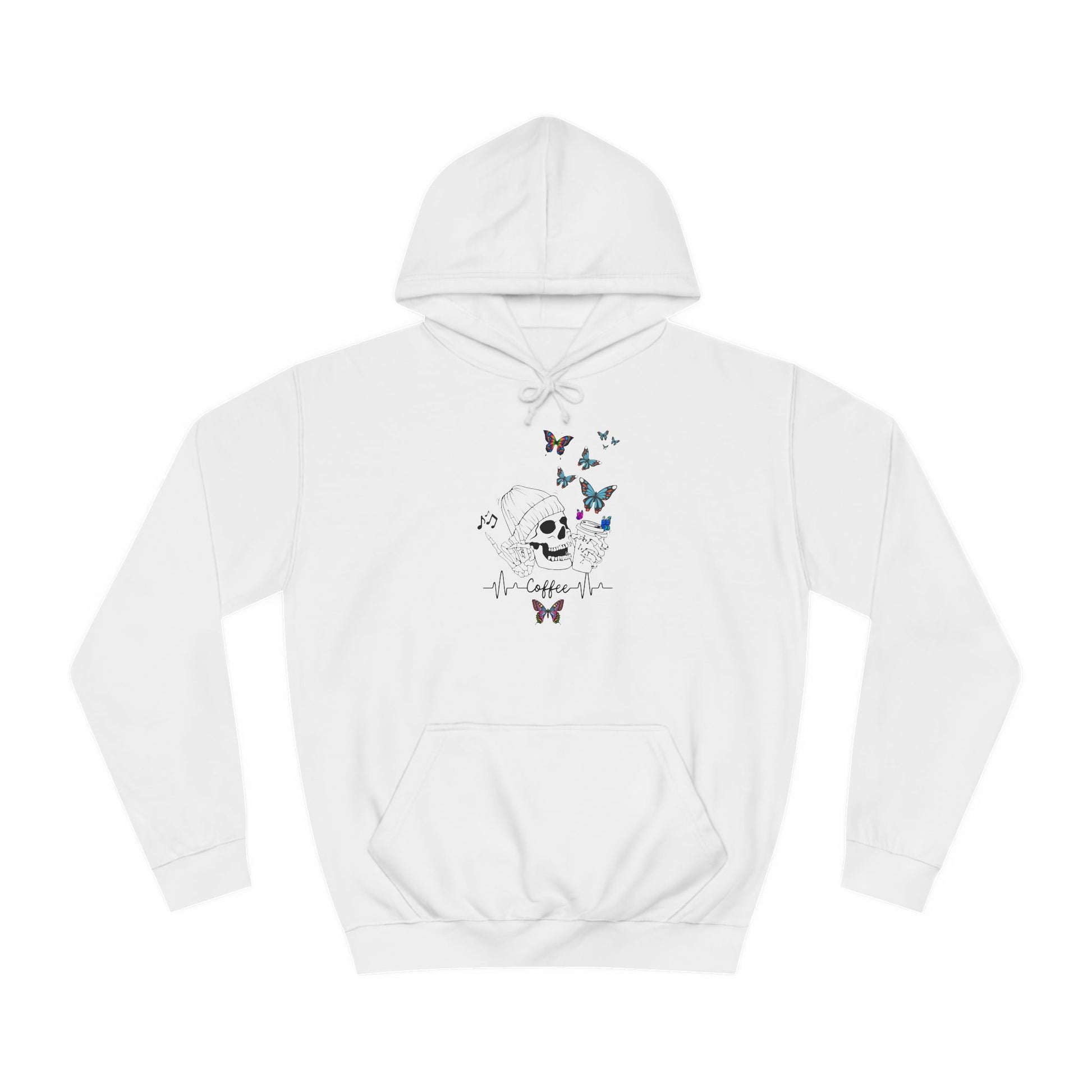 'Happy Skeleton drinking coffee with butterflies' Unisex College Hoodie