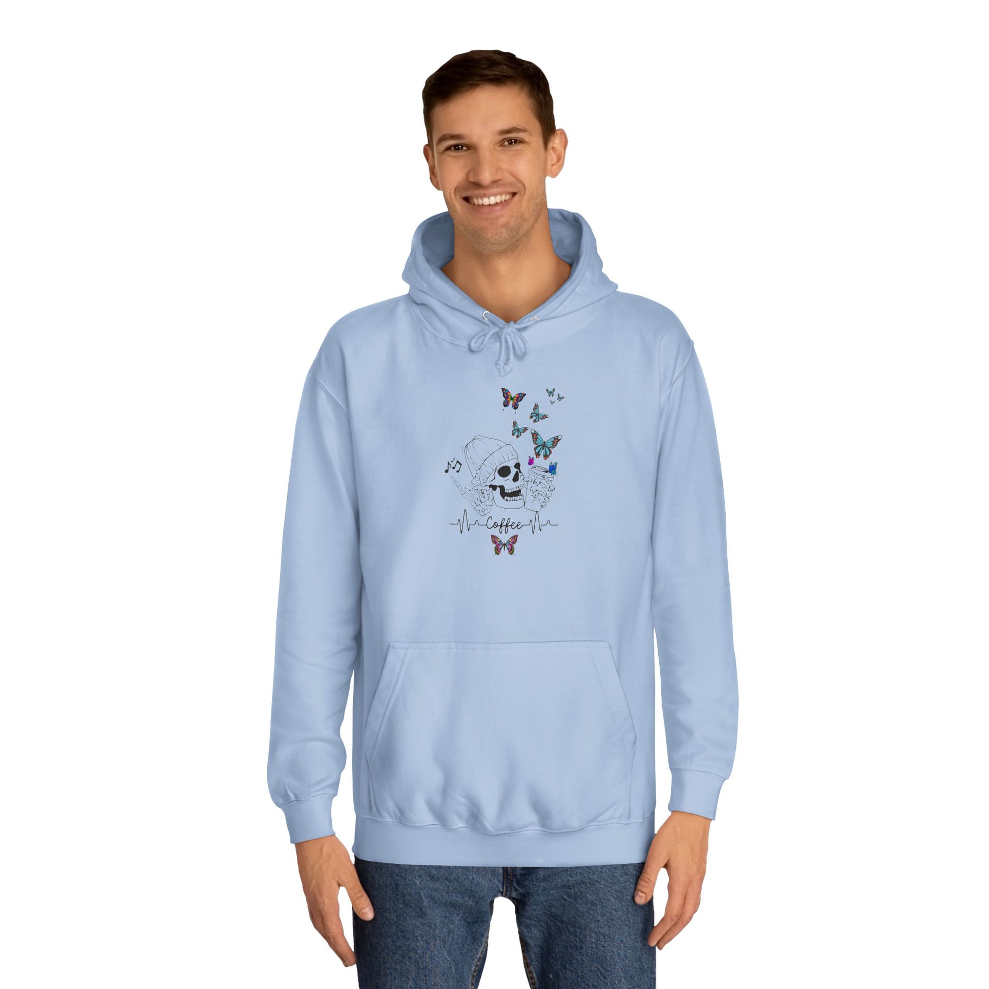 'Happy Skeleton drinking coffee with butterflies' Unisex College Hoodie
