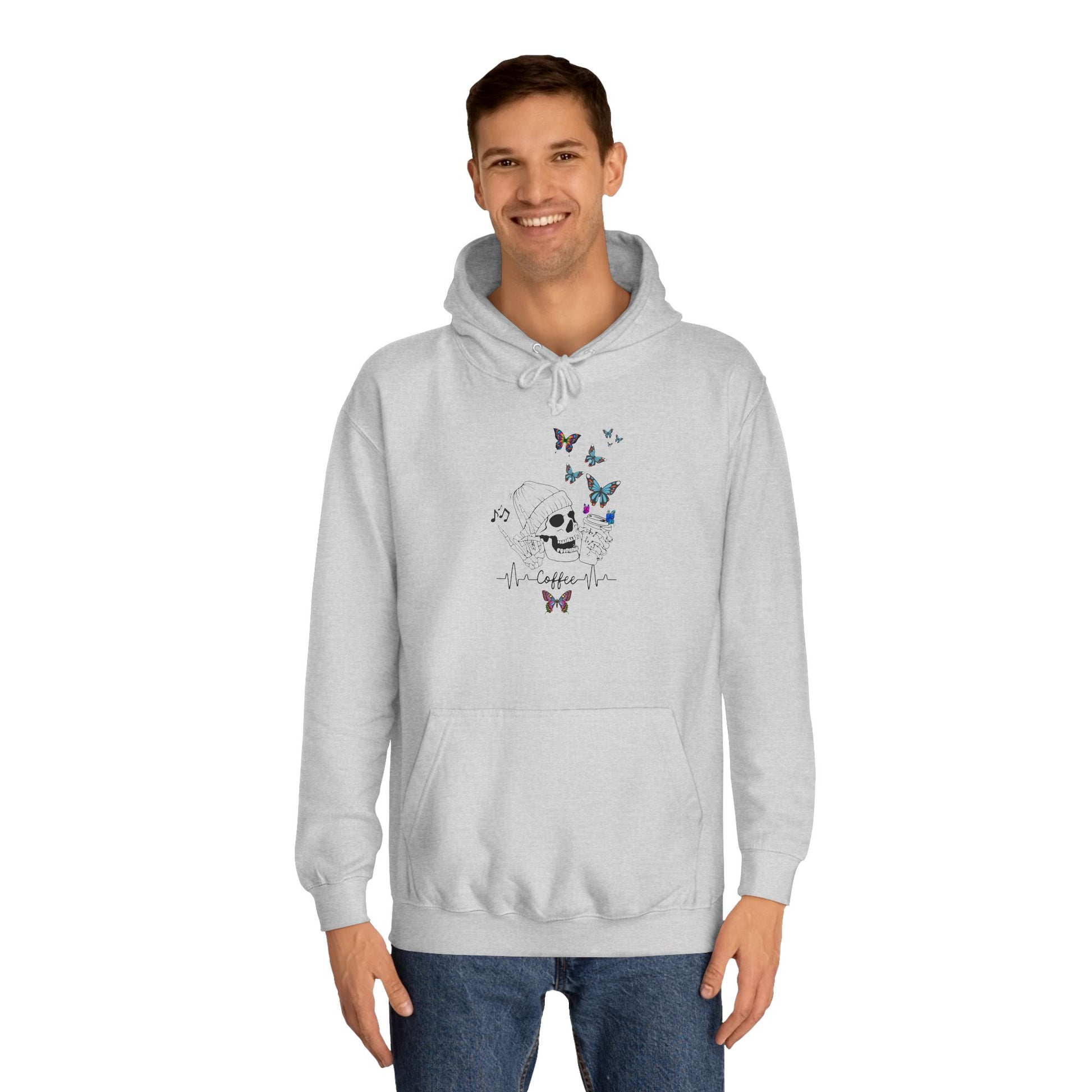 'Happy Skeleton drinking coffee with butterflies' Unisex College Hoodie